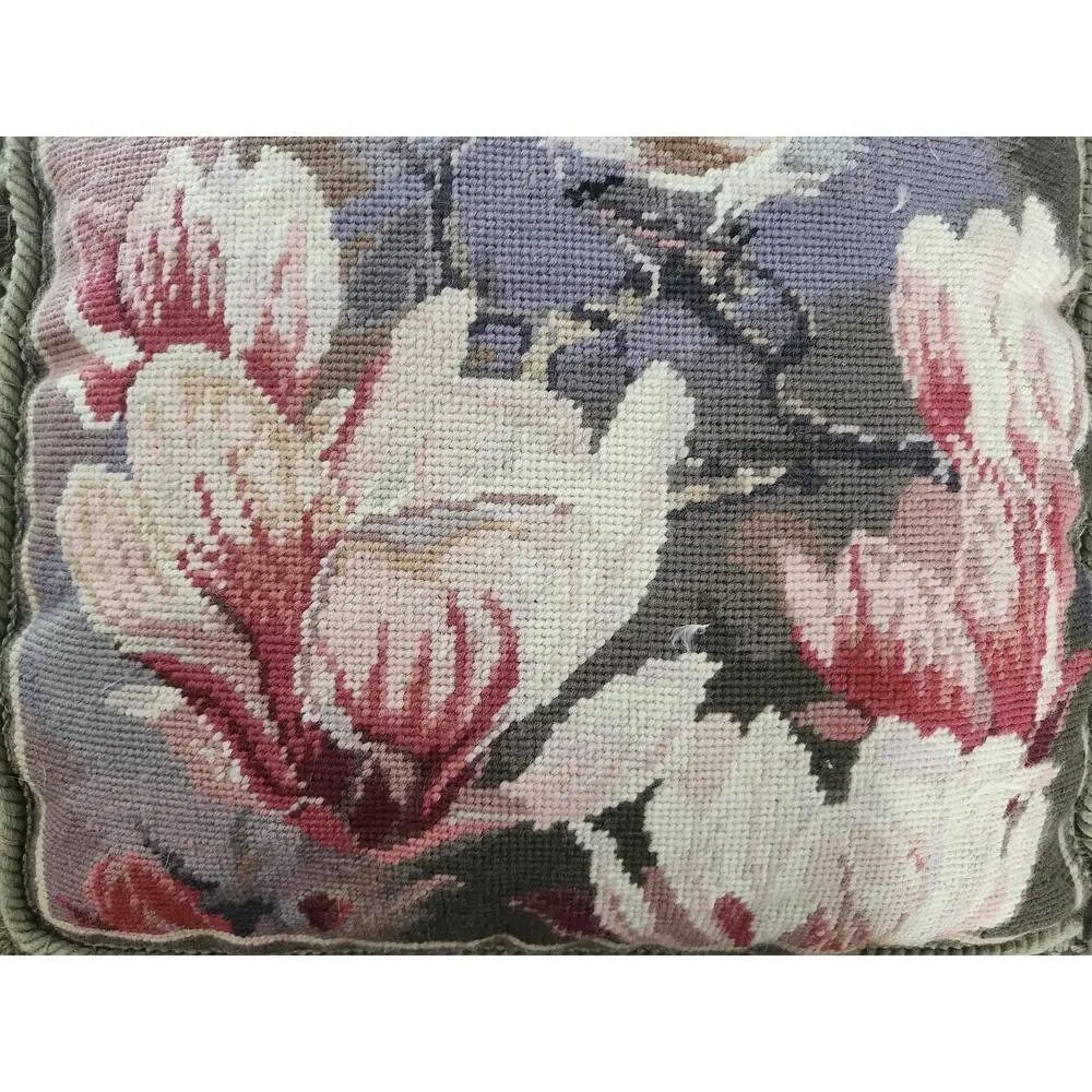 Vintage Chickadee Bird Magnolia Flowers Needlepoint Fringe Throw Pillow